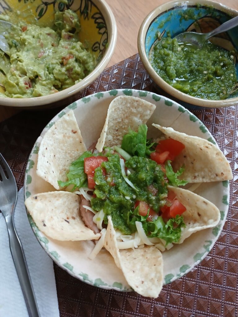 Refried bean bowl with jalapeño salsa and guacamole